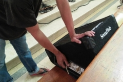 checking the audio equipment